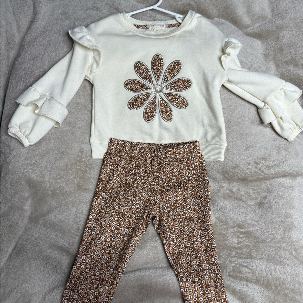 Cream Ruffle Sleeve Top and Brown Floral Leggings Set